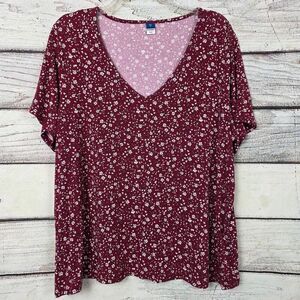 Old Navy Burgundy Floral V-Neck Short Sleeve Top XL